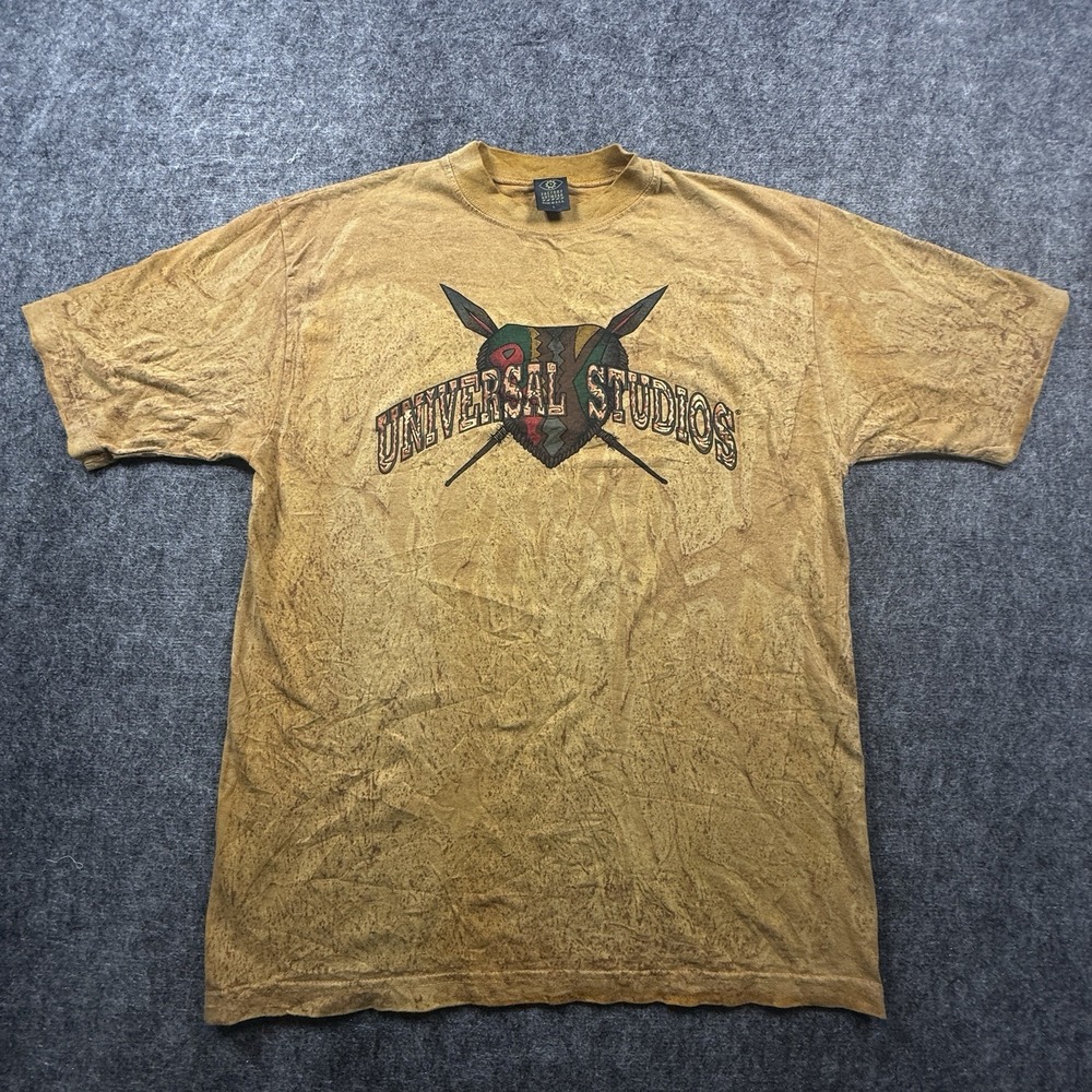 Vintage Universal Studios T Shirt Mens L Brown Tribal Mask AOP Made In USA 90s